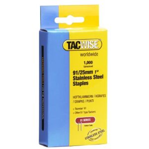Tacwise 1071 Type 91 / 25 mm Stainless Steel Narrow Crown Staples, Pack of 1,000 Tacwise 1071 Type 91 / 25 mm Stainless Steel Narrow Crown Staples, Pack of 1,000