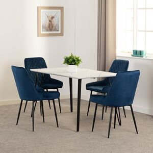 Seconique Marlow Dining Set with Avery Chairs in White Marble Effect/Black/Sapphire Blue Velvet Seconique Marlow Dining Set with Avery Chairs in White Marble Effect/Black/Sapphire Blue Velvet