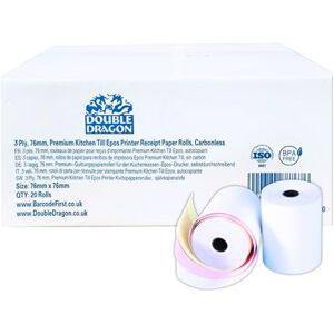 Dragon 76 x 76 mm, 3-Ply Carbonless Paper Roll for Kitchen Printer, Printing Calculator, Non-Thermal Till POS Receipt, Dot Matrix Impact 20 Rolls Dragon 76 x 76 mm, 3-Ply Carbonless Paper Roll for Kitchen Printer, Printing Calculator, Non-Thermal Till POS Receipt, Dot Matrix Impact 20 Rolls
