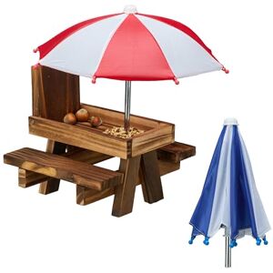 Relaxdays Squirrel Feeder Table, Wood, with 2 Umbrellas, Hanging Feeding Station, Water Trough, Garden, Dark Brown Relaxdays Squirrel Feeder Table, Wood, with 2 Umbrellas, Hanging Feeding Station, Water Trough, Garden, Dark Brown