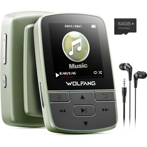 WOLFANG 64GB MP3 Players with Bluetooth 5.2, Sports Clip, Mini Size, Weigh 1 oz, HiF FM Radio, Voice Recorder, Earphones Included, Military Green WOLFANG 64GB MP3 Players with Bluetooth 5.2, Sports Clip, Mini Size, Weigh 1 oz, HiF FM Radio, Voice Recorder, Earphones Included, Military Green