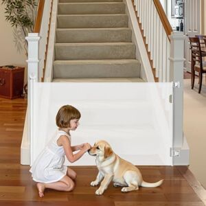 VEVOR Retractable Baby Gate, Extends to 1850 mm Wide, 795 mm Tall, with Security Lock, Easy to Use, Walk Through Without Tripping, Mesh Dog Gate for Stairs, Hallways, Indoor/Outdoor, White VEVOR Retractable Baby Gate, Extends to 1850 mm Wide, 795 mm Tall, with Security Lock, Easy to Use, Walk Through Without Tripping, Mesh Dog Gate for Stairs, Hallways, Indoor/Outdoor, White