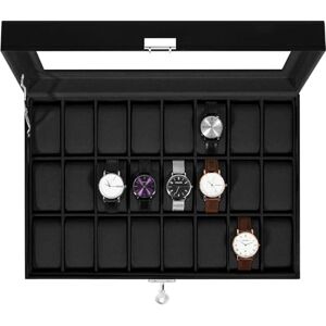 Uten Watch Box 24 Slots, Watch Case with Key Lock, Glass Lid, Watch Display Storage Box for Men and Women, Black Synthetic Leather, Black Velvet Lining, Removable Pillows, Gift Idea Uten Watch Box 24 Slots, Watch Case with Key Lock, Glass Lid, Watch Display Storage Box for Men and Women, Black Synthetic Leather, Black Velvet Lining, Removable Pillows, Gift Idea