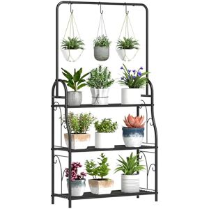 Outsunny 3 Tier Plant Stand with Hanging Rod and Hooks, Metal Plant Rack Shelf, Ladder Flower Pot for Indoor Outdoor Porch Balcony Living Room Bedroom, Black Outsunny 3 Tier Plant Stand with Hanging Rod and Hooks, Metal Plant Rack Shelf, Ladder Flower Pot for Indoor Outdoor Porch Balcony Living Room Bedroom, Black