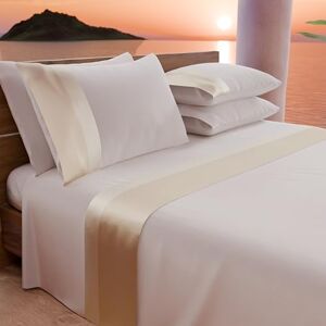 PETTI Artigiani Italiani Double Bed Sheet Set with Double Satin Frill, 4 Pieces, 180 x 200 cm, Percale Cotton Sheets Fitted Sheet, Top Sheet and 2 Pillowcases, Cream PETTI Artigiani Italiani Double Bed Sheet Set with Double Satin Frill, 4 Pieces, 180 x 200 cm, Percale Cotton Sheets Fitted Sheet, Top Sheet and 2 Pillowcases, Cream