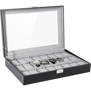 Uten Watch Box 24 Slots, Watch Case with Key Lock, Watch Display Storage Box for Men and Women, Glass Lid, Removable Watch Pillows, Black Synthetic Leather, Grey Velvet Lining, Gift Idea Uten Watch Box 24 Slots, Watch Case with Key Lock, Watch Display Storage Box for Men and Women, Glass Lid, Removable Watch Pillows, Black Synthetic Leather, Grey Velvet Lining, Gift Idea