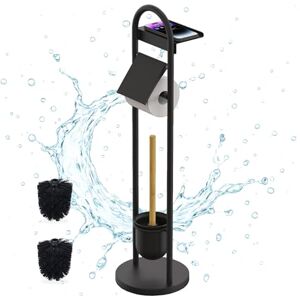 Relaxdays set, HxWxD: 79 x 21.5 x 21.5 cm, standing toilet paper holder with shelf & brush, black/natural, Plastic, Iron, Bamboo Relaxdays set, HxWxD: 79 x 21.5 x 21.5 cm, standing toilet paper holder with shelf & brush, black/natural, Plastic, Iron, Bamboo