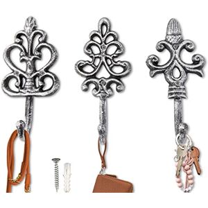Comfify Shabby Chic Cast Iron Decorative Wall Hooks Rustic Silver Antique French Country Charm Large Decorative Hanging Hooks Set of 3 Screws and Anchors for Mounting Included- 7"x3.15 Comfify Shabby Chic Cast Iron Decorative Wall Hooks Rustic Silver Antique French Country Charm Large Decorative Hanging Hooks Set of 3 Screws and Anchors for Mounting Included- 7"x3.15