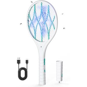 AROEVE Electric Mosquito Racquet, 4000V Electric Fly Swatter Racket USB Charging, LED Light, Detachable Flashlight, 3 Layer Protection, Double Switch, Home, Garden, White AROEVE Electric Mosquito Racquet, 4000V Electric Fly Swatter Racket USB Charging, LED Light, Detachable Flashlight, 3 Layer Protection, Double Switch, Home, Garden, White