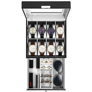 Uten Watch Box 8 Slots, 2-Tier Watch Case with Key Lock, Glass Lid, watch display box for Men and Women, Black Synthetic Leather, Grey Velvet Lining, Removable Pillows, Jewelry Storage Box, Gift Idea Uten Watch Box 8 Slots, 2-Tier Watch Case with Key Lock, Glass Lid, watch display box for Men and Women, Black Synthetic Leather, Grey Velvet Lining, Removable Pillows, Jewelry Storage Box, Gift Idea