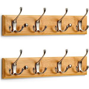 LARHN Wall-Mounted Coat Rack (2 Pack) 4 Matt-Nickel Triple Coat Hooks for Wall on Stylish Wooden Bamboo Base – 42 cm All Fixings Included LARHN Wall-Mounted Coat Rack (2 Pack) 4 Matt-Nickel Triple Coat Hooks for Wall on Stylish Wooden Bamboo Base – 42 cm All Fixings Included