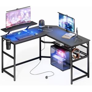 Mondeer L Shaped Gaming Desk, 130 x 130 cm Computer Desk with LED Lights 2 Power Outlets and 2 USB Ports, Reversible Corner Desk with Storage Shelf, for Home Office Bedroom, Black Mondeer L Shaped Gaming Desk, 130 x 130 cm Computer Desk with LED Lights 2 Power Outlets and 2 USB Ports, Reversible Corner Desk with Storage Shelf, for Home Office Bedroom, Black
