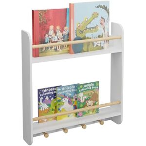 Relaxdays Children's Wall Shelf, 2 Compartments & 4 Hooks, for Kids Books & Clothes, 62.5 x 60 x 12 cm, White/Natural, Fibreboard, Wood Relaxdays Children's Wall Shelf, 2 Compartments & 4 Hooks, for Kids Books & Clothes, 62.5 x 60 x 12 cm, White/Natural, Fibreboard, Wood