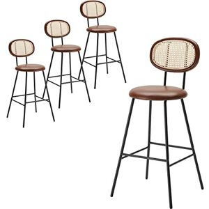 Farini Bar Stools Set of 4, Handwoven Rattan Back Industrial Modern Counter Height Dining Chairs with Faux Leather Seats Farini Bar Stools Set of 4, Handwoven Rattan Back Industrial Modern Counter Height Dining Chairs with Faux Leather Seats