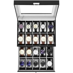 Uten Watch Box 20 Slots, 2-Tier Watch Case with Key Lock, Glass Lid, Watch Display Storage Box for Men and Women, Black Synthetic Leather, Grey Velvet Lining, Removable Pillows, Gift Idea Uten Watch Box 20 Slots, 2-Tier Watch Case with Key Lock, Glass Lid, Watch Display Storage Box for Men and Women, Black Synthetic Leather, Grey Velvet Lining, Removable Pillows, Gift Idea