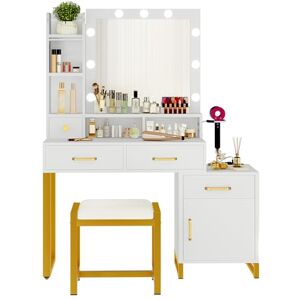 YITAHOME Dressing Table & Stool Set,Vanity Desk w/ 3-Color LED Lights Mirror,Lights Brightness Adjustable,Vanity Table with Drawers,Power Outlet,Whtie Makeup Desk for Bedroom YITAHOME Dressing Table & Stool Set,Vanity Desk w/ 3-Color LED Lights Mirror,Lights Brightness Adjustable,Vanity Table with Drawers,Power Outlet,Whtie Makeup Desk for Bedroom
