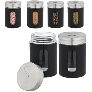 Relaxdays Spice Shaker, Set of 6, 3 Sprinkling Sizes, Seasonings & Herbs, Vol. 290 ml, Glass & Stainless Steel, Black, 11 x 7 cm Relaxdays Spice Shaker, Set of 6, 3 Sprinkling Sizes, Seasonings & Herbs, Vol. 290 ml, Glass & Stainless Steel, Black, 11 x 7 cm