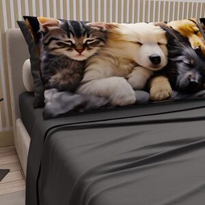 PETTI Artigiani Italiani Animal Bed Linen with Cats and Dogs in Cotton with Pillowcases in Digital Print, Single Bed Sheet, Dark Grey, 100% Made in Italy PETTI Artigiani Italiani Animal Bed Linen with Cats and Dogs in Cotton with Pillowcases in Digital Print, Single Bed Sheet, Dark Grey, 100% Made in Italy