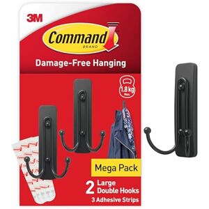 Command Decorative Hook, Matte Black Double Hook, Indoor use 2 Metal Medium Hooks and 3 Adhesive Strips Hang Jackets, Purses, Handbags, Backpacks, Hats, Scarves, Dog Leads Organise Damage Free Command Decorative Hook, Matte Black Double Hook, Indoor use 2 Metal Medium Hooks and 3 Adhesive Strips Hang Jackets, Purses, Handbags, Backpacks, Hats, Scarves, Dog Leads Organise Damage Free