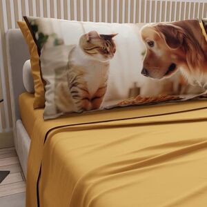 PETTI Artigiani Italiani Animal Bed Linen with Cats and Dogs in Cotton with Pillowcases in Digital Print, Single Bed Sheet, Yellow Single Bed Set, 100% Made in Italy PETTI Artigiani Italiani Animal Bed Linen with Cats and Dogs in Cotton with Pillowcases in Digital Print, Single Bed Sheet, Yellow Single Bed Set, 100% Made in Italy