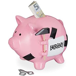 Relaxdays Piggy Bank, Ceramic, with Hammer, Emergency Inscription, Lockable Money Box, HxWxD 14.5 x 15.5 x 20 cm, Pink Relaxdays Piggy Bank, Ceramic, with Hammer, Emergency Inscription, Lockable Money Box, HxWxD 14.5 x 15.5 x 20 cm, Pink