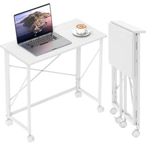HOMCOM Small Folding Desk, 80 cm Foldable Computer Desk on Wheels for Small Space, Easy Assembly, Space Saving Writing Table for Home Office, Bedroom, White HOMCOM Small Folding Desk, 80 cm Foldable Computer Desk on Wheels for Small Space, Easy Assembly, Space Saving Writing Table for Home Office, Bedroom, White