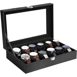 Uten Watch Box 12 Slots, Watch Case with Glass Lid, Watch Display Storage Box for Men and Women, Removable Watch Pillows, Metal Clasp, Black Synthetic Leather, Black Velvet Lining, Gift Idea Uten Watch Box 12 Slots, Watch Case with Glass Lid, Watch Display Storage Box for Men and Women, Removable Watch Pillows, Metal Clasp, Black Synthetic Leather, Black Velvet Lining, Gift Idea