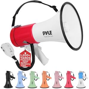 Pyle 50W Megaphone Bullhorn Portable, Automatic Siren & Adjustable Volume,Projection Range Up to 1200 Square Yards, Aux Input, Talk, Siren, Music, Whistle, & Record, Shoulder Strap (White-Red) Pyle 50W Megaphone Bullhorn Portable, Automatic Siren & Adjustable Volume,Projection Range Up to 1200 Square Yards, Aux Input, Talk, Siren, Music, Whistle, & Record, Shoulder Strap (White-Red)