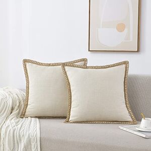 NordECO HOME Pack of 2 Linen White Cushion Covers 50x50 cm Decorative Farmhouse Burlap Trimmed Edges 20x20 for Sofa Decor NordECO HOME Pack of 2 Linen White Cushion Covers 50x50 cm Decorative Farmhouse Burlap Trimmed Edges 20x20 for Sofa Decor