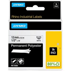 Dymo Rhino Industrial Permanent Polyester Labels 12 mm x 5.5 m Black Print on White Self-Adhesive for Rhino & LabelManager Label Makers Dymo Rhino Industrial Permanent Polyester Labels 12 mm x 5.5 m Black Print on White Self-Adhesive for Rhino & LabelManager Label Makers