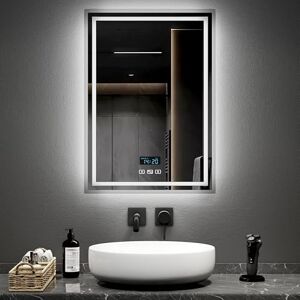 EMKE Bathroom Mirror with LED Lights 500 * 700MM, LED Bathroom Mirror with Demister Pad, Smart Vanity Mirror with Clock and Bluetooth, Wall Mounted Mirror with Shaver Socket, 3 Colors Dimmable EMKE Bathroom Mirror with LED Lights 500 * 700MM, LED Bathroom Mirror with Demister Pad, Smart Vanity Mirror with Clock and Bluetooth, Wall Mounted Mirror with Shaver Socket, 3 Colors Dimmable