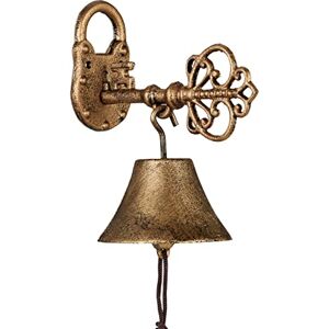 Relaxdays Cast Iron Door Bell, Antique Design, Hanging Doorbell with Key, for Outdoors, with Rope, Wall Mounted, Gold, 20 x 11.5 x 18 cm Relaxdays Cast Iron Door Bell, Antique Design, Hanging Doorbell with Key, for Outdoors, with Rope, Wall Mounted, Gold, 20 x 11.5 x 18 cm