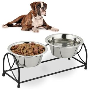 Relaxdays Elevated Feeding Stand, Dog Bowls, 400 ml Volume, Iron & Stainless Steel, 13.5 x 36 x 13.5 cm, Black/Silver Relaxdays Elevated Feeding Stand, Dog Bowls, 400 ml Volume, Iron & Stainless Steel, 13.5 x 36 x 13.5 cm, Black/Silver