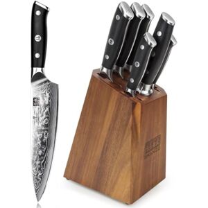 Shan Knife Set with Block, Damascus Kitchen Knife Sets 7-Piece Professional Knife Damascus Sets for Chef, Japanese High Carbon Super Steel 67 Layers Knife Block Set with G10 Handle Shan Knife Set with Block, Damascus Kitchen Knife Sets 7-Piece Professional Knife Damascus Sets for Chef, Japanese High Carbon Super Steel 67 Layers Knife Block Set with G10 Handle