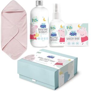 Good Bubble Grow with Peppa Pig Bath Time Gift Set Baby Gift with Aloe Vera Bubble Bath, Pillow Spray, Hair and Body Wash Bar includes a MORI Hooded Towel Good Bubble Grow with Peppa Pig Bath Time Gift Set Baby Gift with Aloe Vera Bubble Bath, Pillow Spray, Hair and Body Wash Bar includes a MORI Hooded Towel