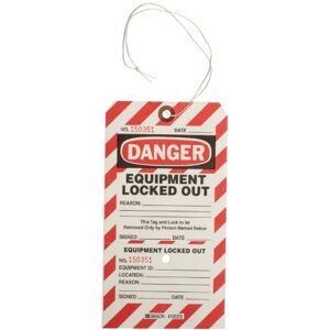 Brady Non-Adhesive Label in 2 Perforated Parts with Legend "Danger Equipment Locked Out", 101.60mm x 190.50mm, Red Black, Pack of 25 Brady Non-Adhesive Label in 2 Perforated Parts with Legend "Danger Equipment Locked Out", 101.60mm x 190.50mm, Red Black, Pack of 25