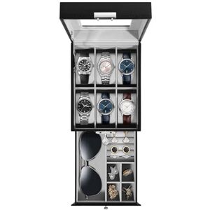 Uten Watch Box 6 Slots, 2-Tier Watch Case with Key Lock, Glass Lid, Watch Display Box for Men and Women, Black Synthetic Leather, Grey Velvet Lining, Removable Pillows, Jewelry Storage Box, Gift Idea Uten Watch Box 6 Slots, 2-Tier Watch Case with Key Lock, Glass Lid, Watch Display Box for Men and Women, Black Synthetic Leather, Grey Velvet Lining, Removable Pillows, Jewelry Storage Box, Gift Idea