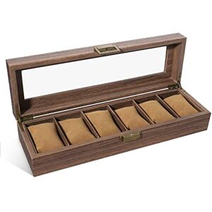 Uten Watch Box 6 Slots, Watch Case with Glass Lid, Wood Grain PU Leather Watch Display Storage Box with Removable Imitation Suede Watch Pillows, Metal Clasp, Gift Idea for Men and Women Uten Watch Box 6 Slots, Watch Case with Glass Lid, Wood Grain PU Leather Watch Display Storage Box with Removable Imitation Suede Watch Pillows, Metal Clasp, Gift Idea for Men and Women