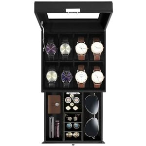Uten Watch Box 8 Slots, 2-Tier Watch Case with Key Lock, Glass Lid, Watch Display Box for Men and Women, Black Synthetic Leather, Black Velvet Lining, Removable Pillows, Jewelry Storage Box, Gift Idea Uten Watch Box 8 Slots, 2-Tier Watch Case with Key Lock, Glass Lid, Watch Display Box for Men and Women, Black Synthetic Leather, Black Velvet Lining, Removable Pillows, Jewelry Storage Box, Gift Idea
