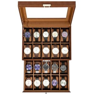 Uten Watch Box 20 Slots, 2-Tier Watch Case with Key Lock, Glass Lid, Watch Display Storage Box for Men and Women, Brown Synthetic Leather, Brown Velvet Lining, Removable Pillows, Gift Idea Uten Watch Box 20 Slots, 2-Tier Watch Case with Key Lock, Glass Lid, Watch Display Storage Box for Men and Women, Brown Synthetic Leather, Brown Velvet Lining, Removable Pillows, Gift Idea