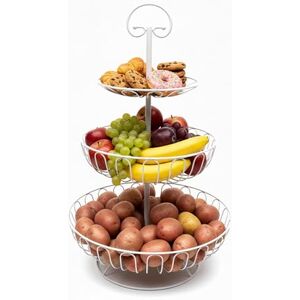 Relaxdays 3-Tier Fruit Bowl, Metal, HxD: 47 x 30 cm, for Fruits & Vegetables, with Handle, Round Design, White Relaxdays 3-Tier Fruit Bowl, Metal, HxD: 47 x 30 cm, for Fruits & Vegetables, with Handle, Round Design, White