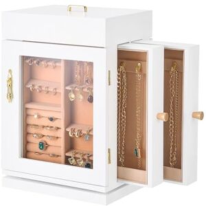 VEVOR Jewelry Box, 360° Rotating Jewelry Organizer with Magnetic Door, Acrylic Window and Built-in 4 Necklace Hooks, Spacious Storage Case with Metal Handles, Bottom Pad and Soft Flannel Lining, White VEVOR Jewelry Box, 360° Rotating Jewelry Organizer with Magnetic Door, Acrylic Window and Built-in 4 Necklace Hooks, Spacious Storage Case with Metal Handles, Bottom Pad and Soft Flannel Lining, White