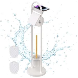 Relaxdays set, HxWxD: 79 x 21.5 x 21.5 cm, freestanding toilet paper holder with shelf & brush, white/natural, Plastic, Iron, Bamboo Relaxdays set, HxWxD: 79 x 21.5 x 21.5 cm, freestanding toilet paper holder with shelf & brush, white/natural, Plastic, Iron, Bamboo