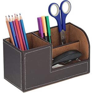 Relaxdays Desk Organiser, 3 Compartments, Imitation Leather, H x W x D: 11 x 20 x 9.5 cm, Office & Home, Brown Relaxdays Desk Organiser, 3 Compartments, Imitation Leather, H x W x D: 11 x 20 x 9.5 cm, Office & Home, Brown
