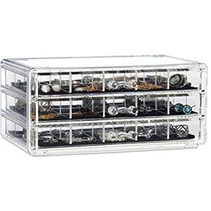 Relaxdays Acrylic Makeup Organiser, Jewellery Boy, 3 Drawers, Cosmetic Storage with Lining, Transparent, 10.5 x 23.5 x 15.5 cm Relaxdays Acrylic Makeup Organiser, Jewellery Boy, 3 Drawers, Cosmetic Storage with Lining, Transparent, 10.5 x 23.5 x 15.5 cm