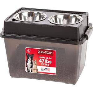 IRIS USA Elevated Dog Bowls, 15"H Raised Bowl for Large Dogs, Airtight Pet Food Storage Holds Up To 47 Lbs, 2 Removable 64 oz Stainless Steel Bowls, At Home or Camping, Smoke/Black IRIS USA Elevated Dog Bowls, 15"H Raised Bowl for Large Dogs, Airtight Pet Food Storage Holds Up To 47 Lbs, 2 Removable 64 oz Stainless Steel Bowls, At Home or Camping, Smoke/Black