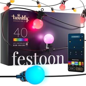 Twinkly Festoon 40 LED RGB, Light Chain with 40 LED Bulbs, Multicolor RGB Outdoor and Indoor Lights, Compatible with Alexa, Google Home, Gaming Lights, IP44, Controlled by App, Black Cable, 20m Twinkly Festoon 40 LED RGB, Light Chain with 40 LED Bulbs, Multicolor RGB Outdoor and Indoor Lights, Compatible with Alexa, Google Home, Gaming Lights, IP44, Controlled by App, Black Cable, 20m