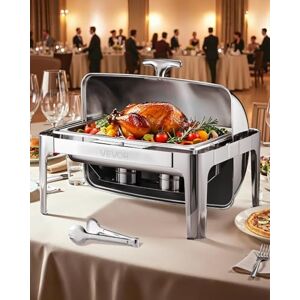 VEVOR Roll Top Chafing Dish Buffet Complete Set, 9Qt Stainless Steel Chafer with Full Size Pan, Rectangle Catering Warmer Server with Lid Water Pan Folding Stand Fuel Holder Meal Clip, Silver VEVOR Roll Top Chafing Dish Buffet Complete Set, 9Qt Stainless Steel Chafer with Full Size Pan, Rectangle Catering Warmer Server with Lid Water Pan Folding Stand Fuel Holder Meal Clip, Silver