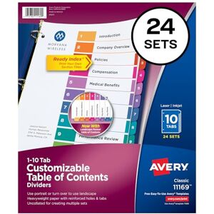 Avery 10 Tab Dividers for 3 Ring Binders, Customizable Table of Contents, Multicolor Tabs, 24 Sets (11169) Avery 10 Tab Dividers for 3 Ring Binders, Customizable Table of Contents, Multicolor Tabs, 24 Sets (11169)