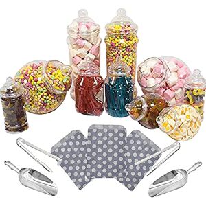 Purple Square 10 Mixed Jar Retro Pick & Mix Victorian Sweet Shop Candy Buffet Kit Party Pack with Scoops, Tongs & Bags Silver Polka Bags Purple Square 10 Mixed Jar Retro Pick & Mix Victorian Sweet Shop Candy Buffet Kit Party Pack with Scoops, Tongs & Bags Silver Polka Bags